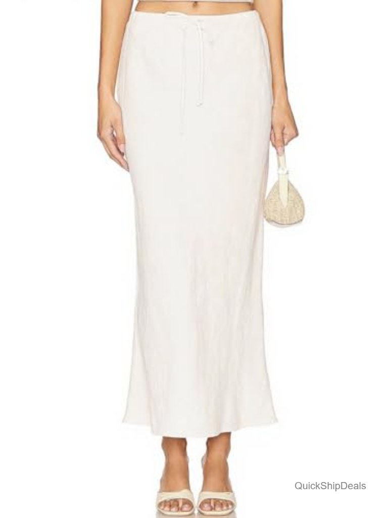 Flowy Linen Blend Maxi Skirt With Drawstring Waist And Lining